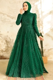 Neva Style - Modern Emerald Green Islamic Clothing Engagement Dress 2294ZY - Thumbnail