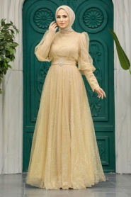 Neva Style - Modern Gold Hijab Wedding Dress 23041GOLD - Thumbnail