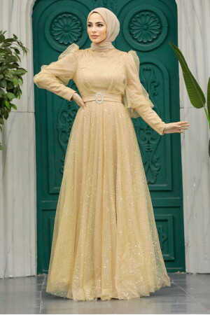 Neva Style - Modern Gold Hijab Wedding Dress 23041GOLD - Thumbnail