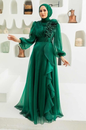 Neva Style - Modern Green Hijab Evening Dress 22321Y - Thumbnail