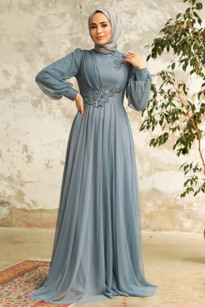 Neva Style - Stylish Grey Hijab Evening Dress 22061GR - 1