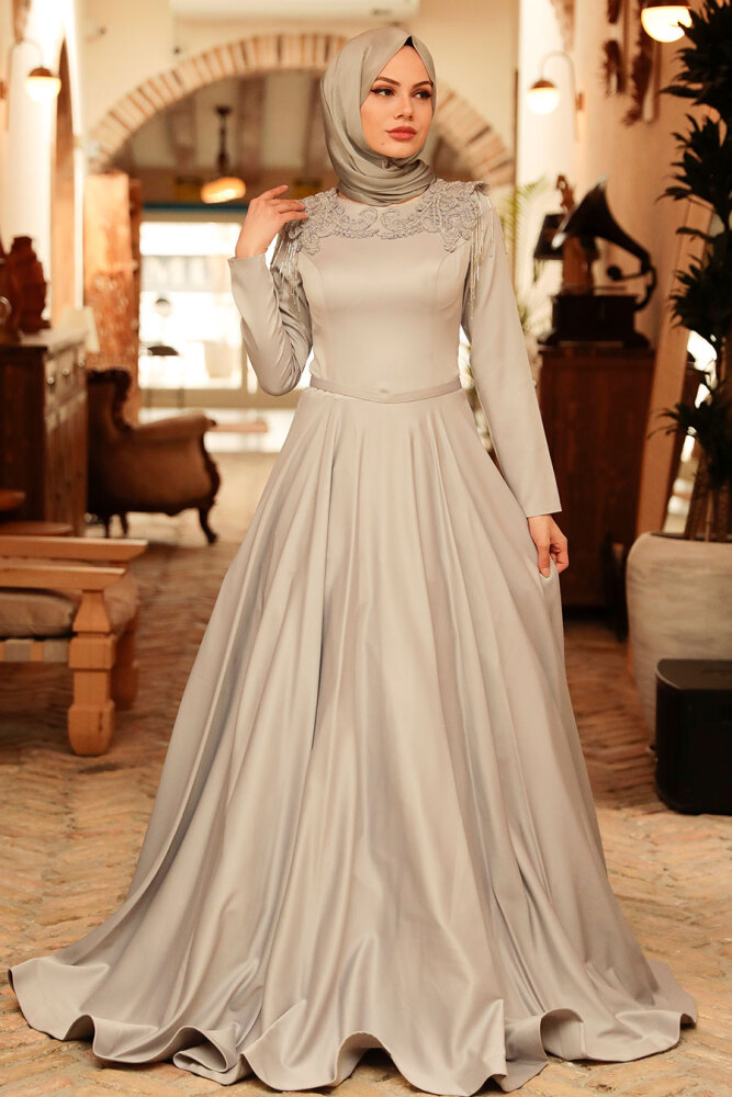 Neva Style - Modern Grey Modest Prom Dress 718GR - 1