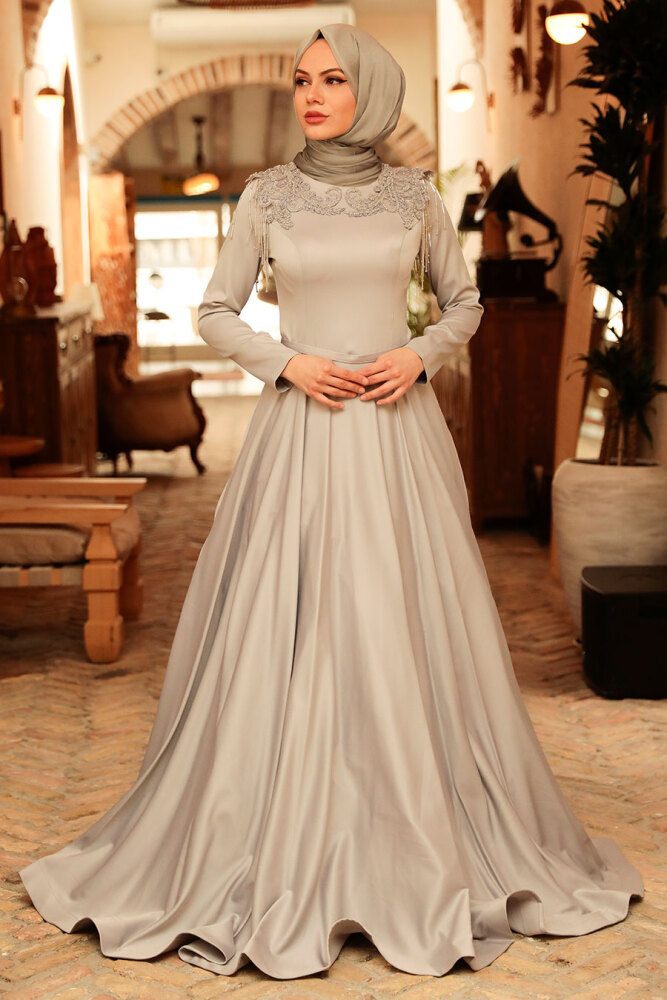 Neva Style - Modern Grey Modest Prom Dress 718GR - 2