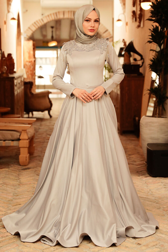 Neva Style - Modern Grey Modest Prom Dress 718GR - 3