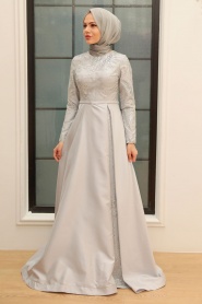Neva Style - Modern Grey Muslim Long Sleeve Dress 363GR - Thumbnail