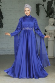 Neva Style - Modern İndigo Blue Hijab Bridesmaid Dress 22130IM - Thumbnail