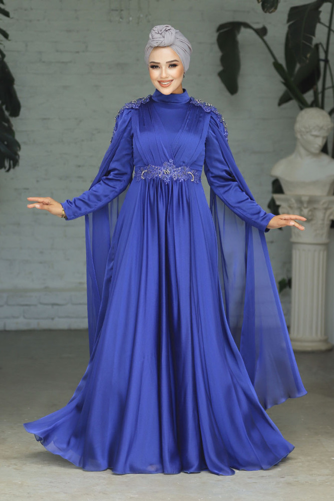 Neva Style - Modern İndigo Blue Hijab Bridesmaid Dress 22130IM - 3