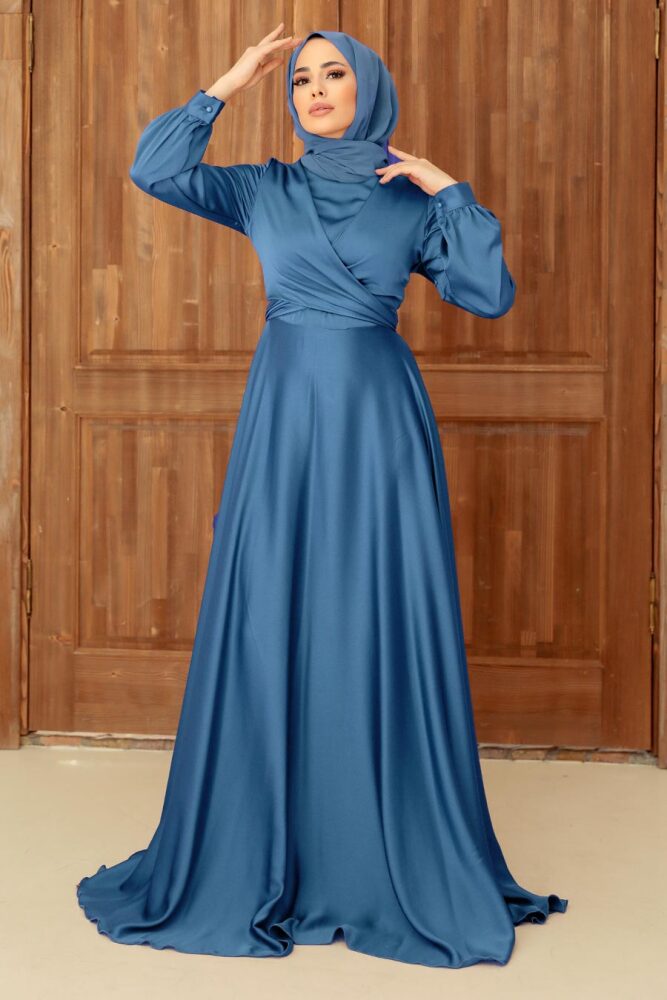 Modern İndigo Blue Hijab Bridesmaid Dress 33871IM - 1