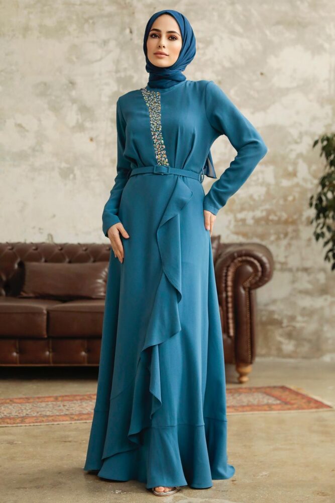 Neva Style - Modern İndigo Blue Hijab Wedding Dress 37320IM - 2