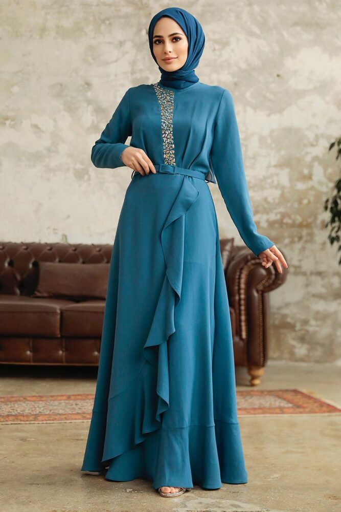 Neva Style - Modern İndigo Blue Hijab Wedding Dress 37320IM - 1