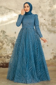 Neva Style - Modern İndigo Blue Islamic Clothing Engagement Dress 2294IM - Thumbnail