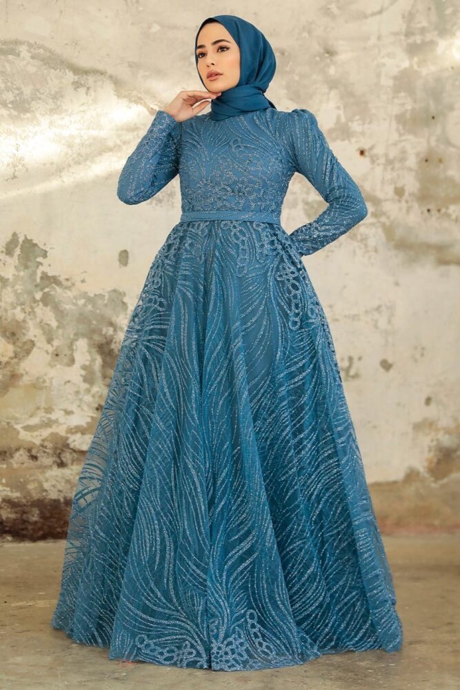 Neva Style - Modern İndigo Blue Islamic Clothing Engagement Dress 2294IM - 1