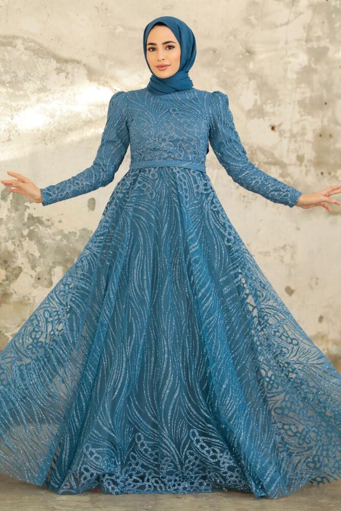 Neva Style - Modern İndigo Blue Islamic Clothing Engagement Dress 2294IM - 3
