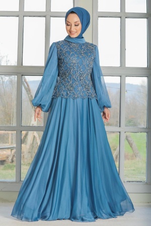 Neva Style - Modern İndigo Blue Islamic Clothing Evening Gown 3322IM - 1