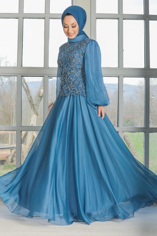 Neva Style - Modern İndigo Blue Islamic Clothing Evening Gown 3322IM - 2