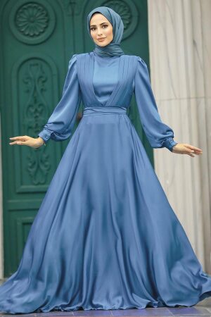 Modern İndigo Blue Islamic Clothing Wedding Dress 40621IM - 1