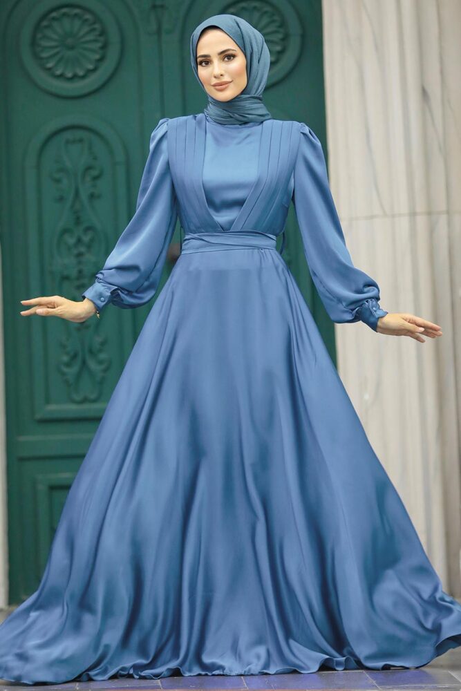 Modern İndigo Blue Islamic Clothing Wedding Dress 40621IM - 1