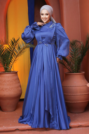 Neva Style - Modern İndigo Blue Muslim Fashion Evening Dress 21910IM - 3