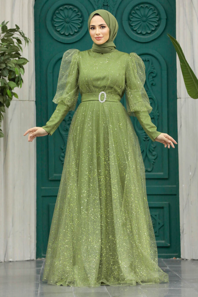 Modern Khaki Hijab Wedding Dress 23041HK - 2