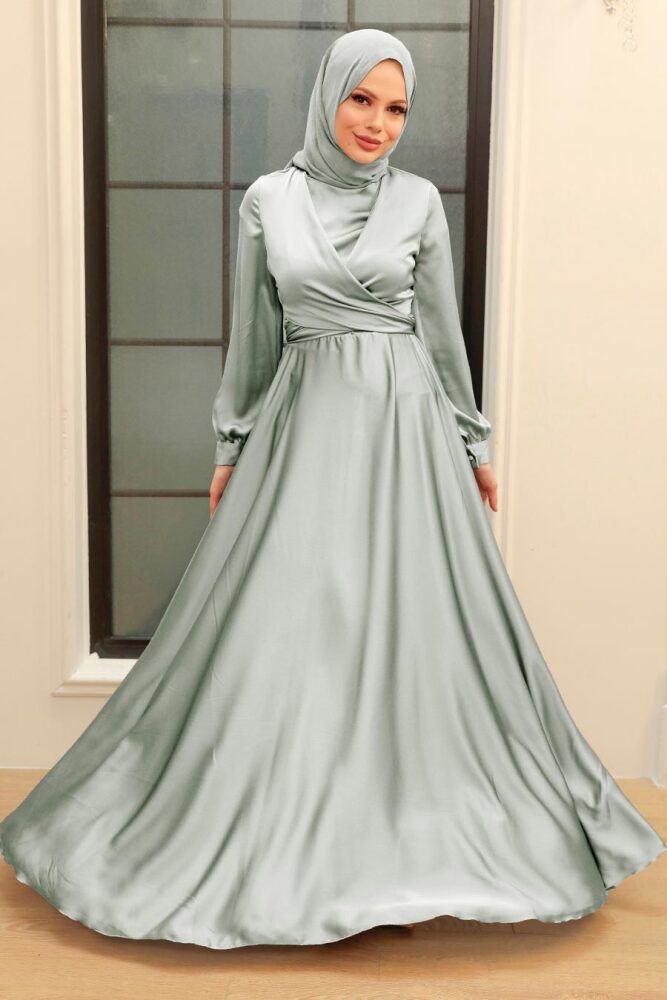 Modern Light Grey Hijab Bridesmaid Dress 33871AGR - 1