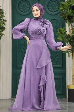 Neva Style - Modern Lila Hijab Evening Dress 22321LILA - Thumbnail