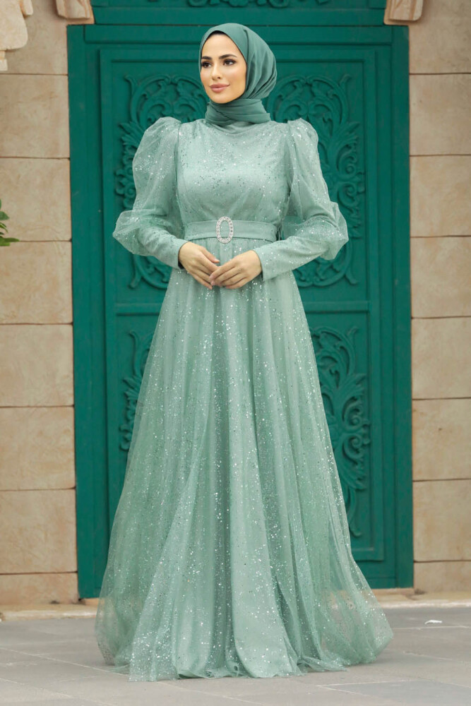 Modern Mint Hijab Wedding Dress 23041MINT - 3