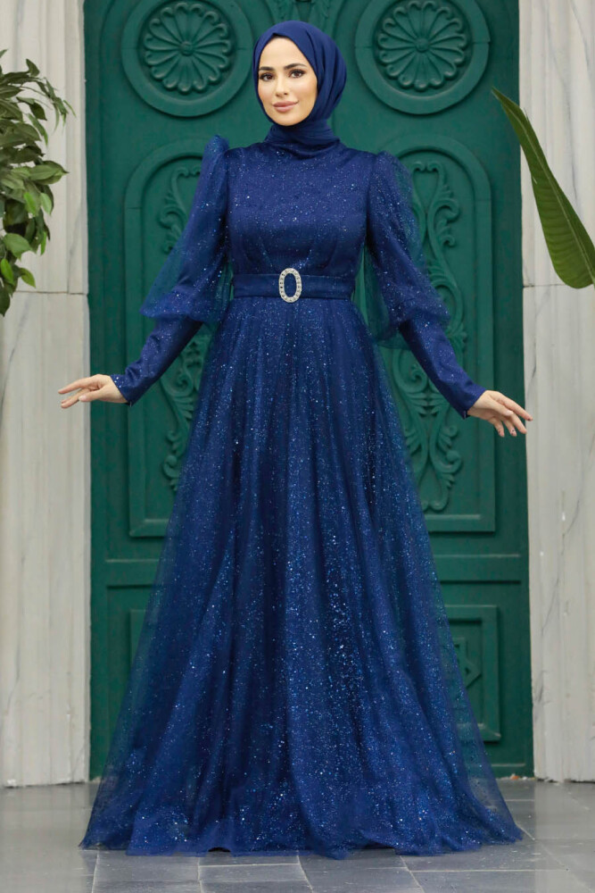 Modern Navy Blue Hijab Wedding Dress 23041L - 4