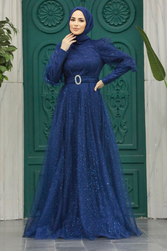 Modern Navy Blue Hijab Wedding Dress 23041L - 1