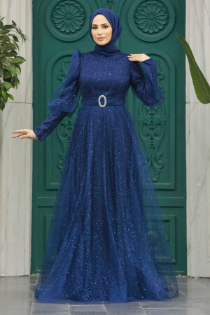 Modern Navy Blue Hijab Wedding Dress 23041L - 5