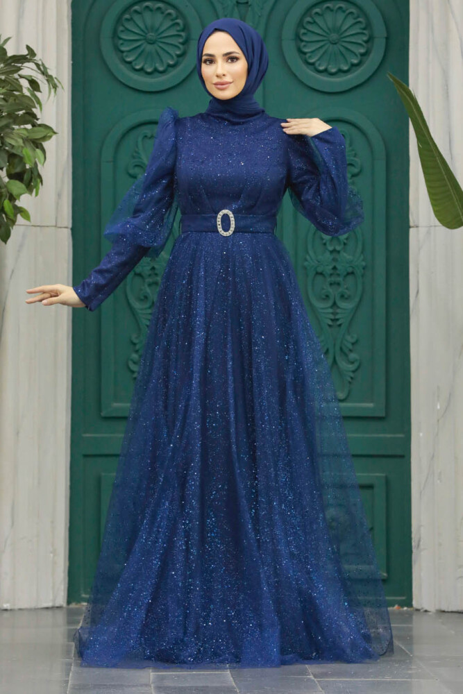 Modern Navy Blue Hijab Wedding Dress 23041L - 5