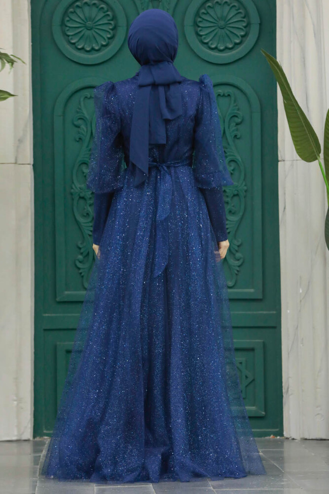 Modern Navy Blue Hijab Wedding Dress 23041L - 6