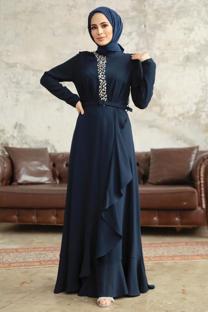 Modern Navy Blue Hijab Wedding Dress 37320L - 2