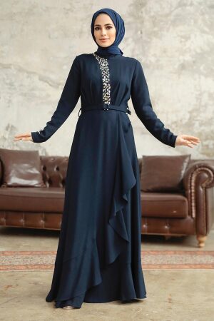 Modern Navy Blue Hijab Wedding Dress 37320L - 3