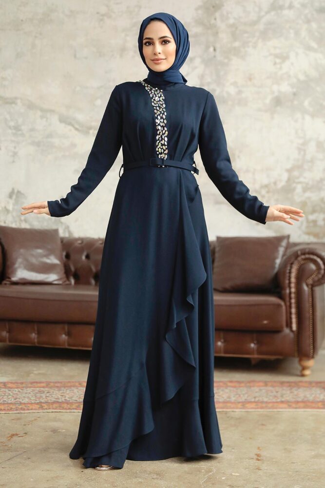Modern Navy Blue Hijab Wedding Dress 37320L - 3