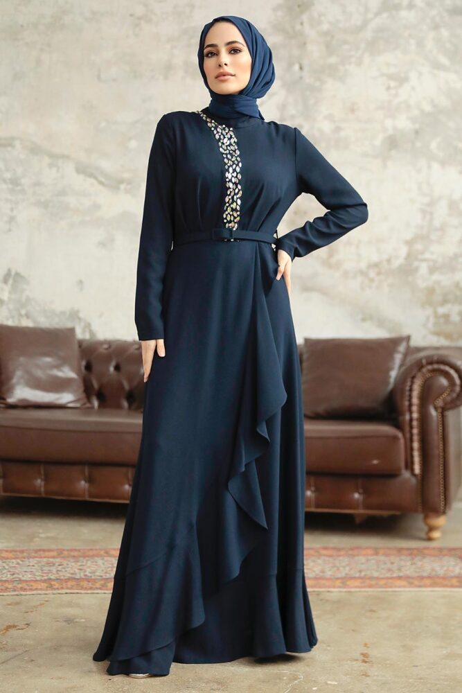 Modern Navy Blue Hijab Wedding Dress 37320L - 1