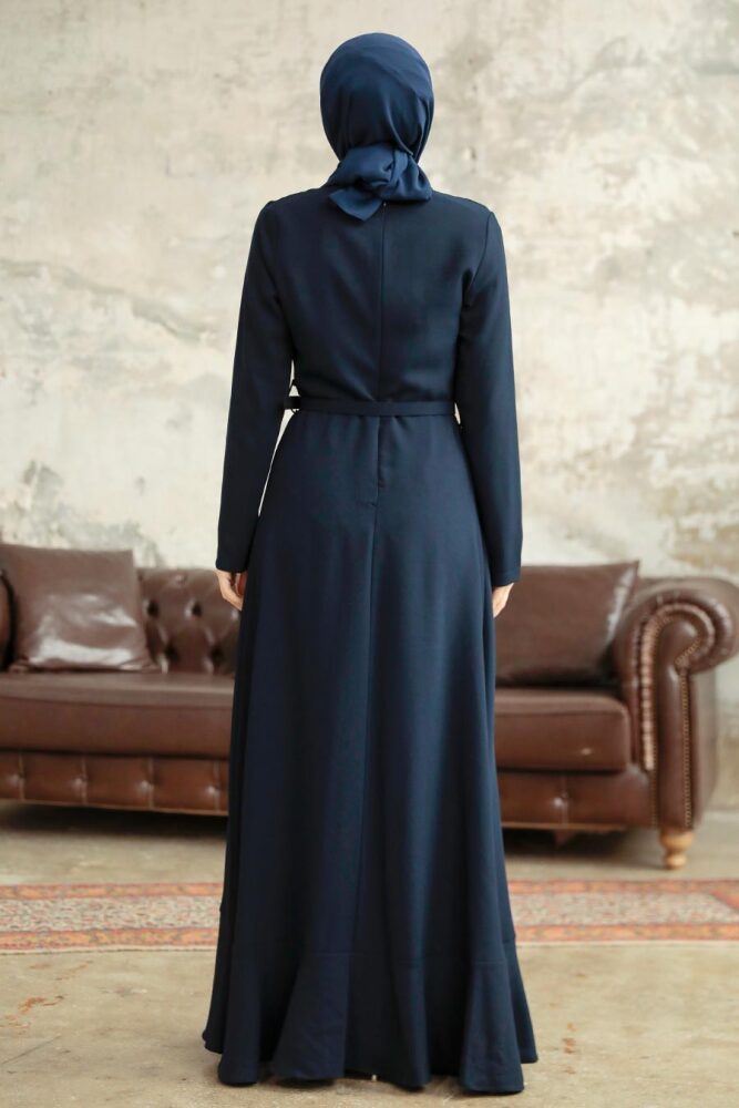 Modern Navy Blue Hijab Wedding Dress 37320L - 4