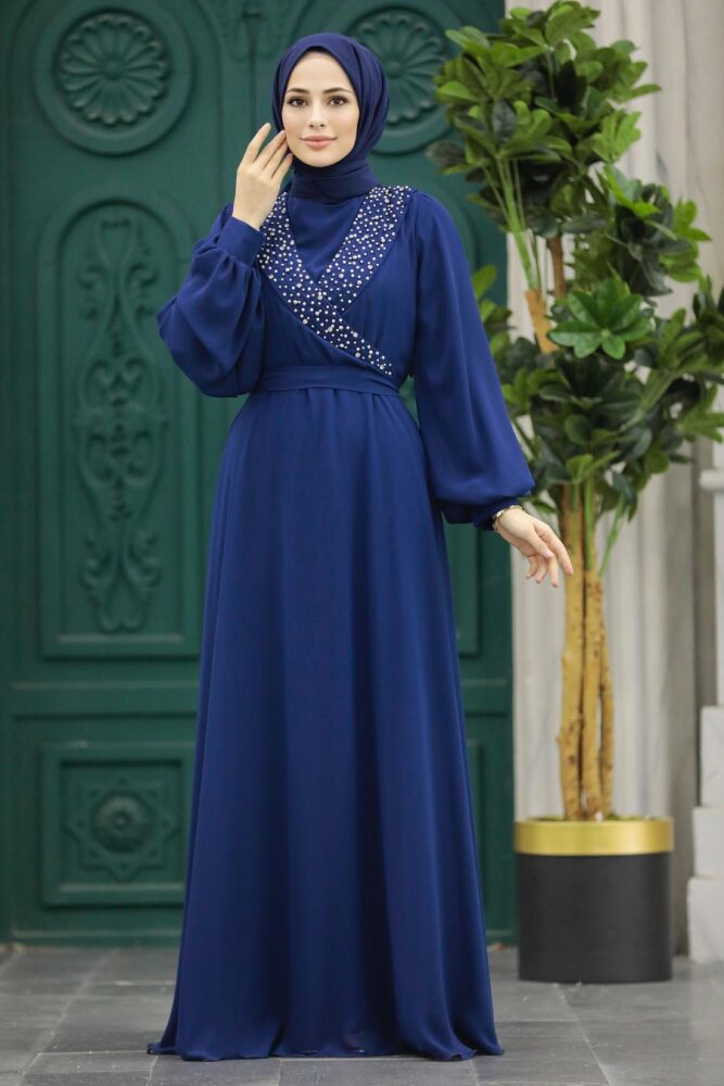 Modern Navy Blue Modest Prom Dress 22153L - 3