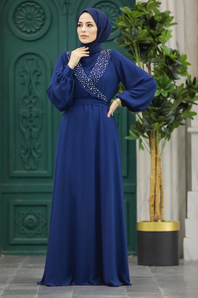 Modern Navy Blue Modest Prom Dress 22153L - 4