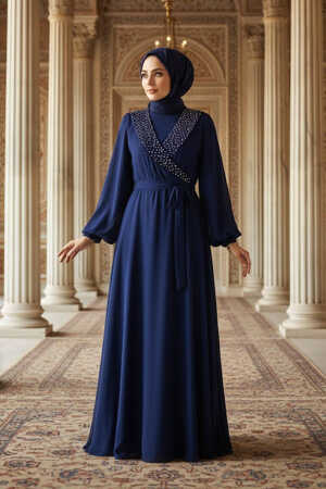 Modern Navy Blue Modest Prom Dress 22153L - 1