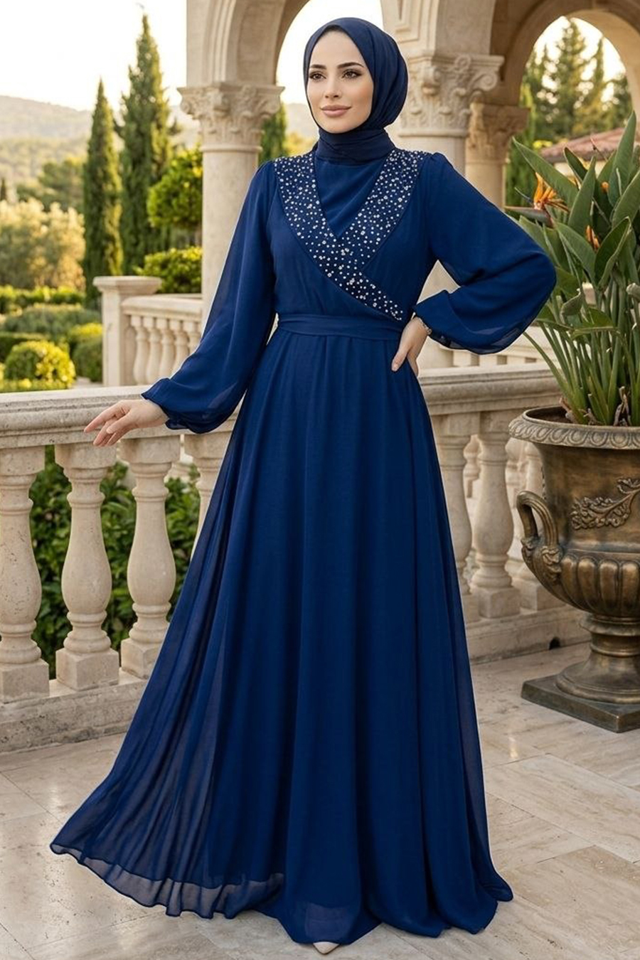 Modern Navy Blue Modest Prom Dress 22153L