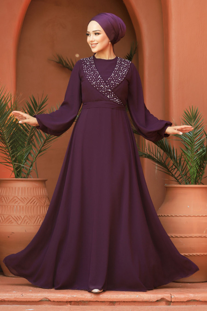 Modern Plum Color Modest Prom Dress 22153MU - 1