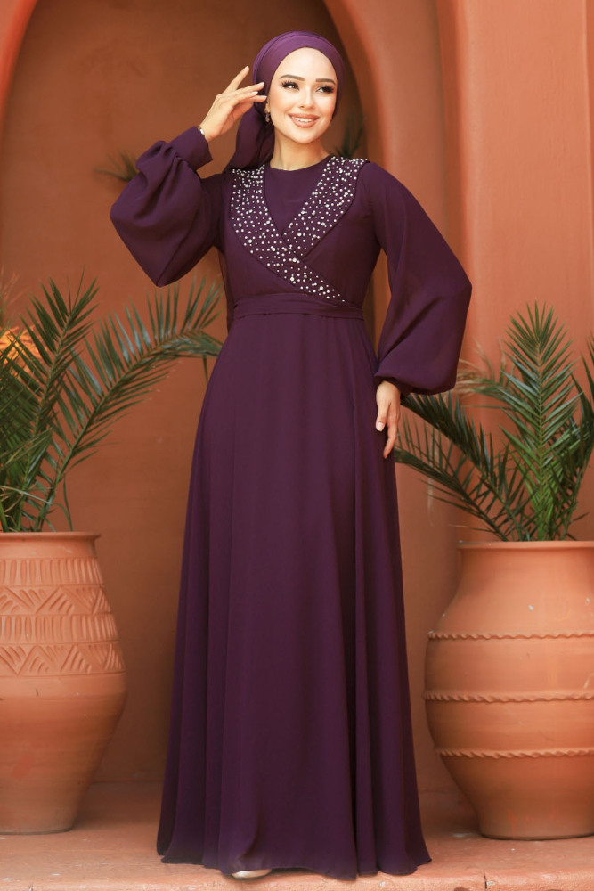 Modern Plum Color Modest Prom Dress 22153MU - 2
