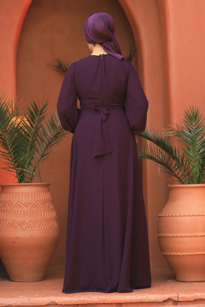 Modern Plum Color Modest Prom Dress 22153MU - 3