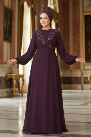 Modern Plum Color Modest Prom Dress 22153MU - 1