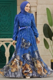 Neva Style - Modern Sax Blue Modest Islamic Clothing Prom Dress 39211SX - Thumbnail
