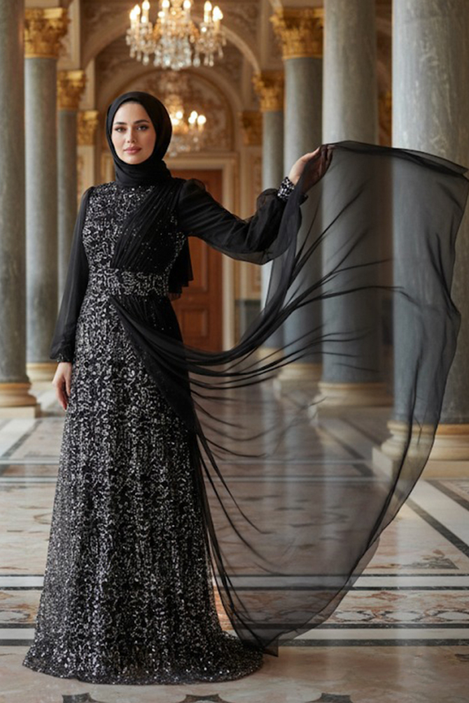 Neva Style - Modern Silver Muslim Wedding Gown 5696GMS - TESETTÜRLÜ ABİYE ELBİSELER