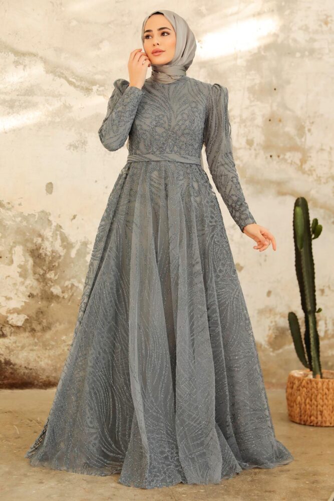 Neva Style - Modern Smoke Color Islamic Clothing Engagement Dress 2294FU - 1