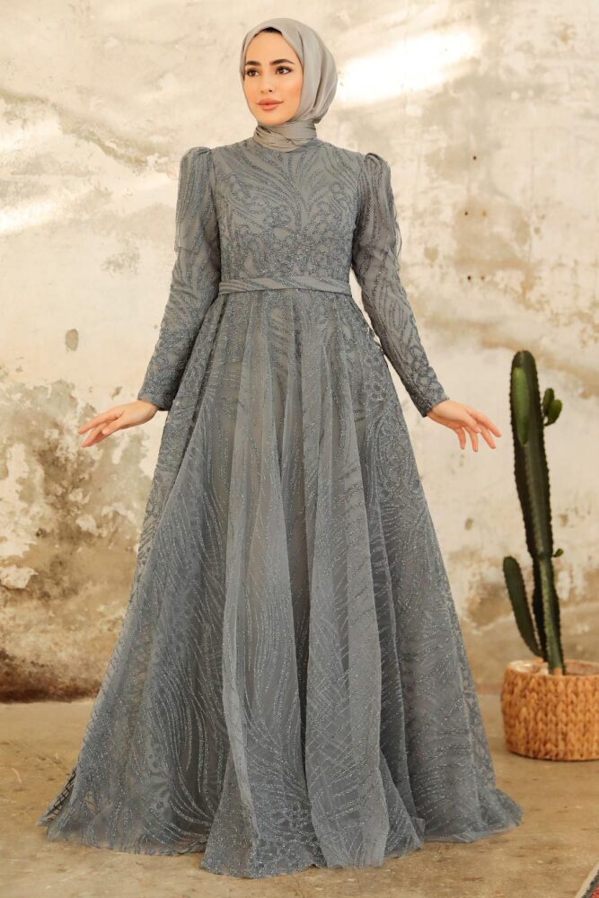 Neva Style - Modern Smoke Color Islamic Clothing Engagement Dress 2294FU - 2