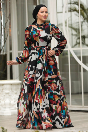Modest Black Chiffon Maxi Dress 30059S - 2