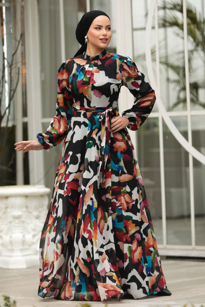 Modest Black Chiffon Maxi Dress 30059S - 2